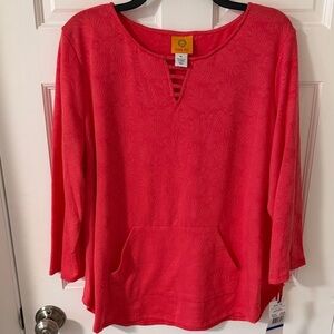 Ruby Rd. women's textured knit top Kangaroo pocket 3/4 sleeve coral NEW